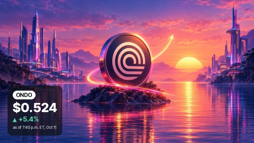 A dark coin with white nested arcs stands on a small rocky island in calm water at a neon sunset, a glowing light trail curving up around it, with chrome towers on both shores.