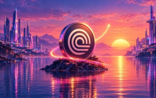 A dark coin with white nested arcs stands on a small rocky island in calm water at a neon sunset, a glowing light trail curving up around it, with chrome towers on both shores.