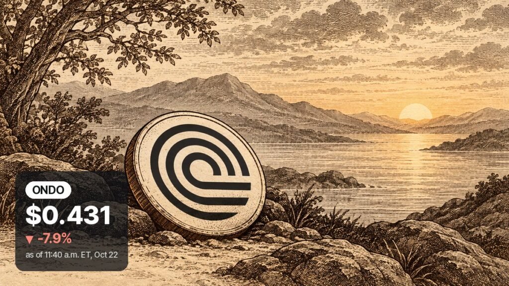 Engraved sepia scene of a large coin with the Ondo Finance logo resting among rocks by a calm lake at sunrise.