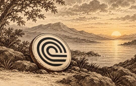 Engraved sepia scene of a large coin with the Ondo Finance logo resting among rocks by a calm lake at sunrise.