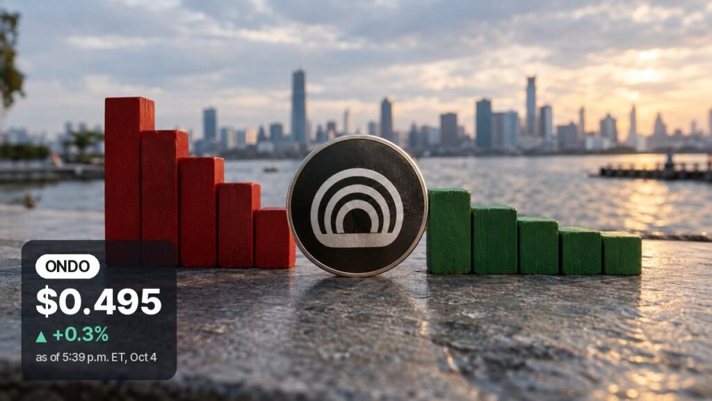 Photorealistic illustration: a black coin with white nested arches stands upright on a wet stone quay between stepped red and green wooden blocks, a city skyline across the water at dusk.