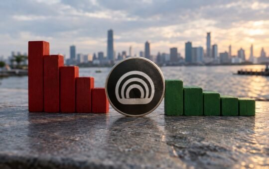 Photorealistic illustration: a black coin with white nested arches stands upright on a wet stone quay between stepped red and green wooden blocks, a city skyline across the water at dusk.