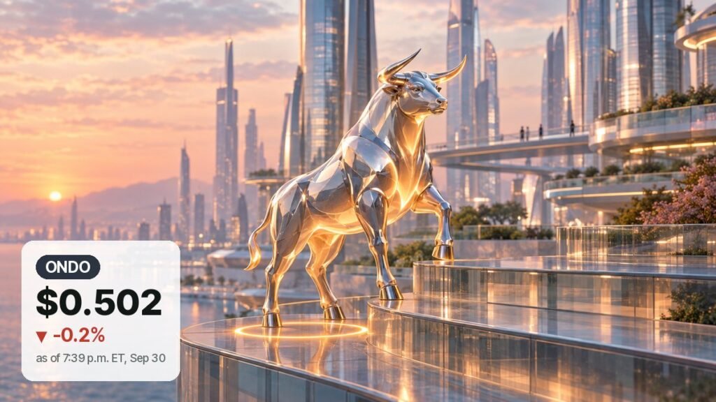 Polished chrome bull stepping onto a higher glass terrace in a future city at sunset, a glowing ring marking its earlier spot