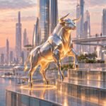 Polished chrome bull stepping onto a higher glass terrace in a future city at sunset, a glowing ring marking its earlier spot