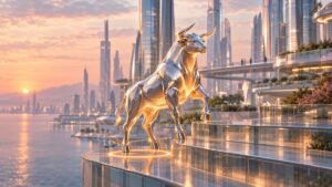 Polished chrome bull stepping onto a higher glass terrace in a future city at sunset, a glowing ring marking its earlier spot