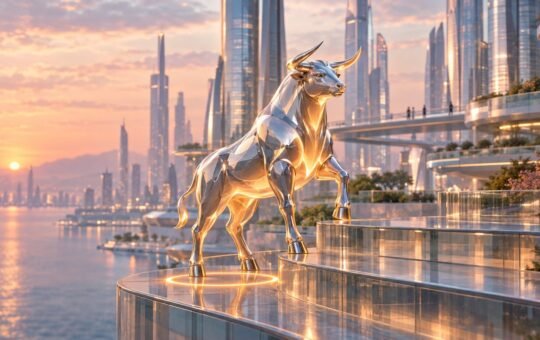 Polished chrome bull stepping onto a higher glass terrace in a future city at sunset, a glowing ring marking its earlier spot