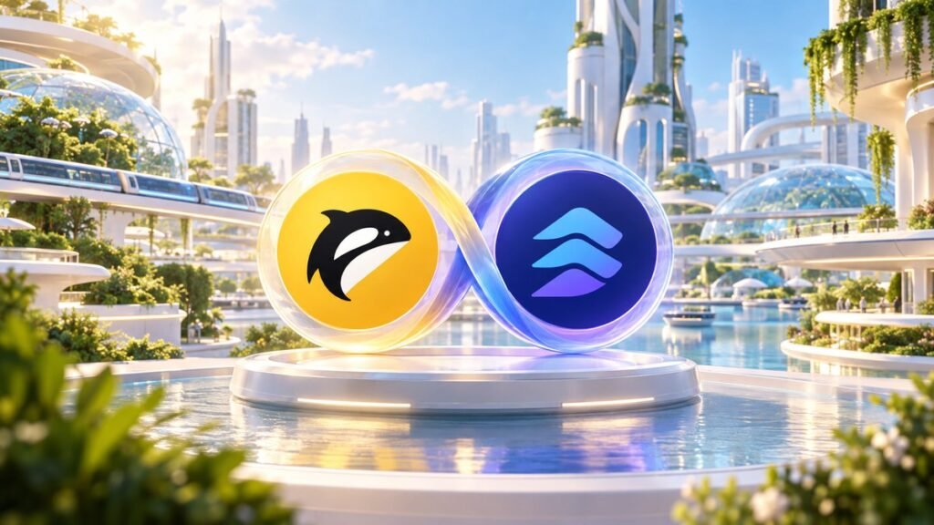 Two round emblems, the Orca whale and a blue layered mark, joined by a glowing loop on a pedestal in a sunlit future city.