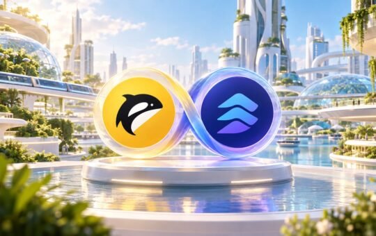 Two round emblems, the Orca whale and a blue layered mark, joined by a glowing loop on a pedestal in a sunlit future city.