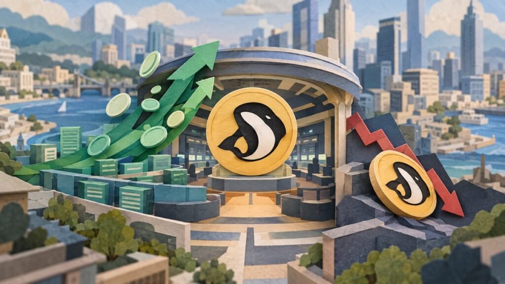 Paper-cut exchange hall with a large Orca whale coin at its center, green paper arrows rising on the left and a smaller coin sliding down a red arrow on the right.