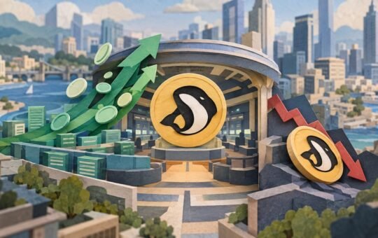 Paper-cut exchange hall with a large Orca whale coin at its center, green paper arrows rising on the left and a smaller coin sliding down a red arrow on the right.