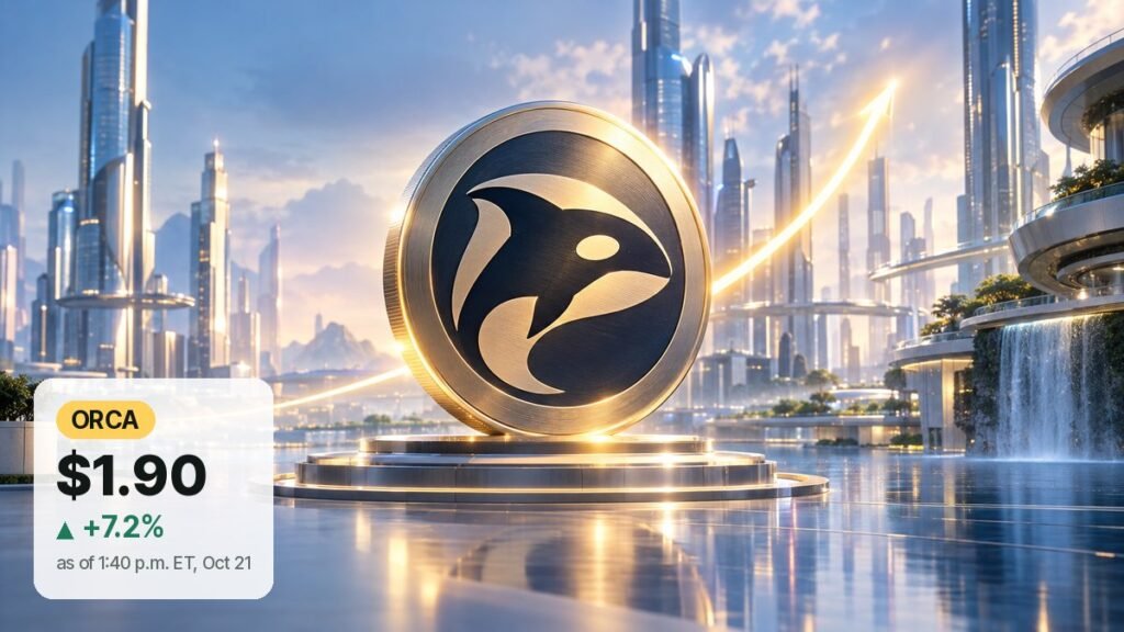 A large metallic coin with a black-and-white orca emblem stands on a glowing pedestal in a sunlit glass city, with a bright light trail curving upward behind it.