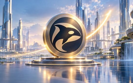 A large metallic coin with a black-and-white orca emblem stands on a glowing pedestal in a sunlit glass city, with a bright light trail curving upward behind it.