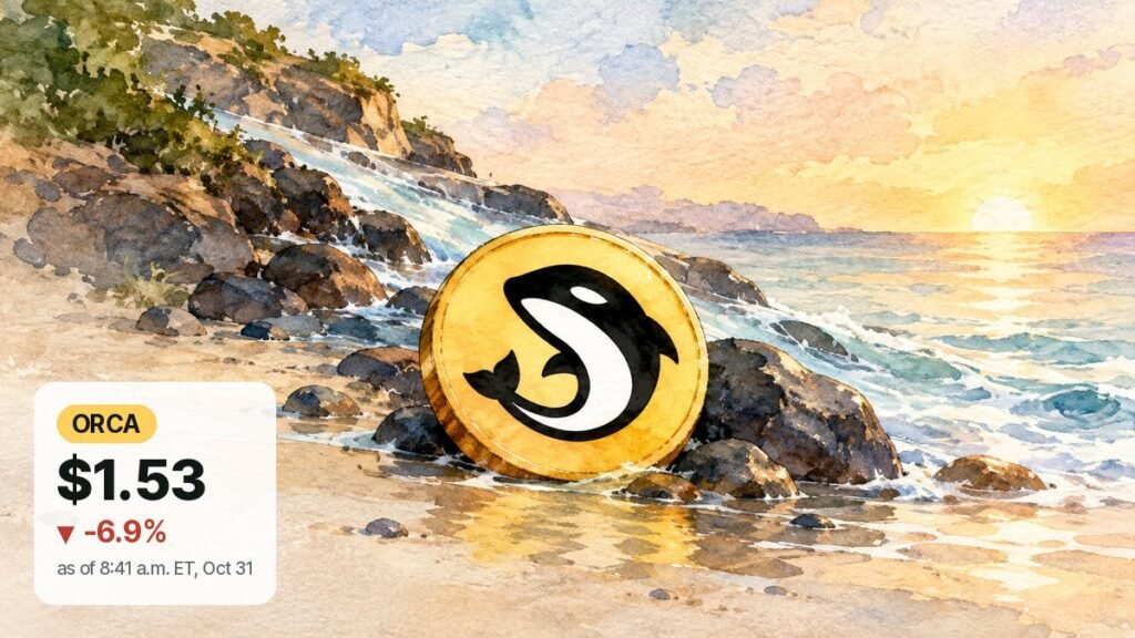 Watercolor of a gold coin with a black-and-white orca whale mark resting against rocks at the foot of a beach slope, calm sea and sunrise behind it