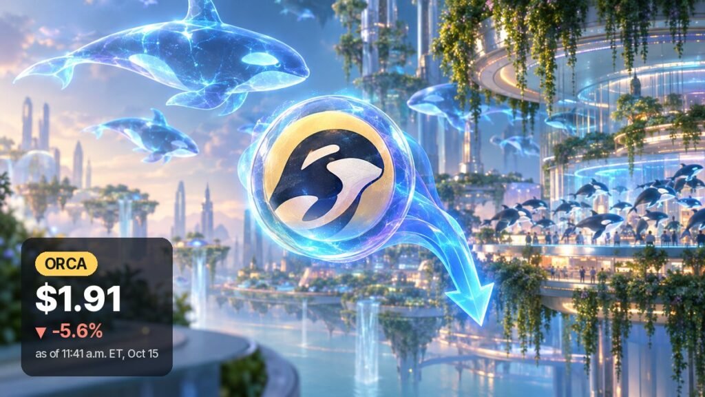 A glowing coin with a black-and-white orca emblem drifts down along a blue light trail through a bright garden city, with translucent orcas swimming through the air around it.