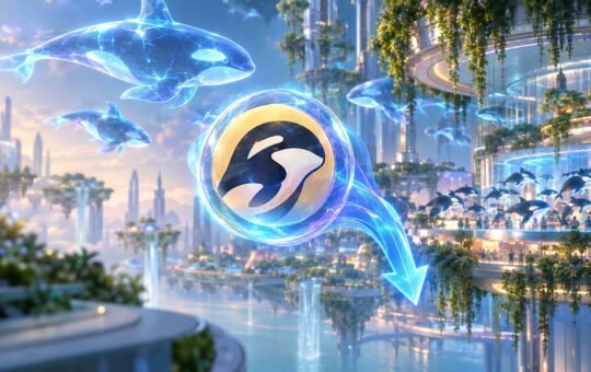 A glowing coin with a black-and-white orca emblem drifts down along a blue light trail through a bright garden city, with translucent orcas swimming through the air around it.