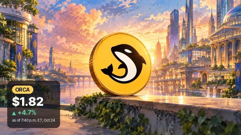 A gold coin bearing the Orca whale logo stands on a stone ledge in a painted future city at sunset.