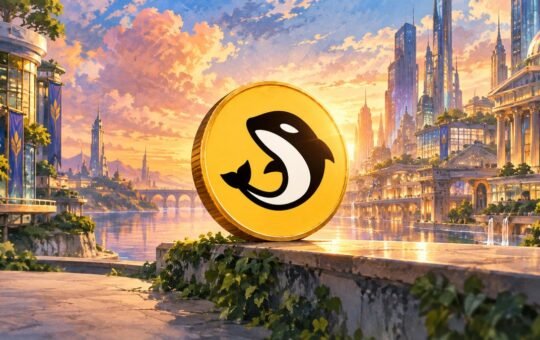 A gold coin bearing the Orca whale logo stands on a stone ledge in a painted future city at sunset.