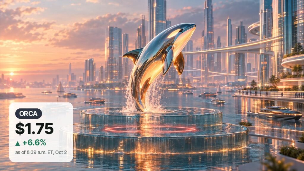 A polished chrome orca sculpture leaps from a stepped glass water basin in a future harbor city at sunset, a coral ring of light marking a lower level.