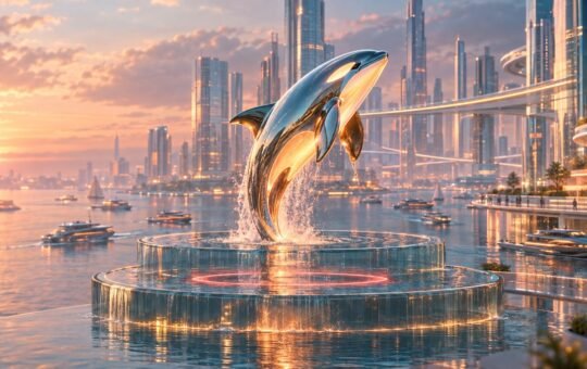 A polished chrome orca sculpture leaps from a stepped glass water basin in a future harbor city at sunset, a coral ring of light marking a lower level.