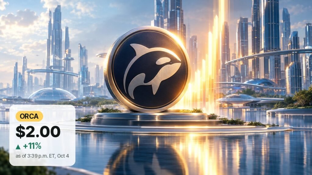 A giant coin with a white orca whale emblem stands on a round glass plinth in a sunlit future city by the water, a column of golden light rising behind it.