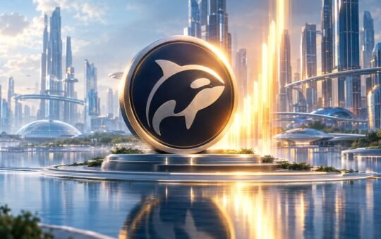A giant coin with a white orca whale emblem stands on a round glass plinth in a sunlit future city by the water, a column of golden light rising behind it.