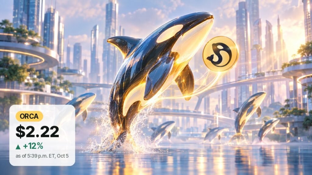 A chrome-and-glass orca leaps from calm water in a sunlit glass city, a yellow coin with the Orca whale emblem beside it and smaller orcas swimming behind.