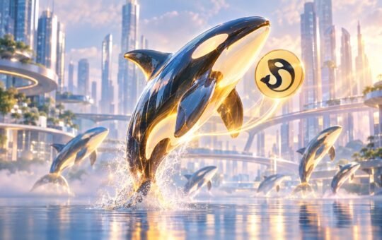 A chrome-and-glass orca leaps from calm water in a sunlit glass city, a yellow coin with the Orca whale emblem beside it and smaller orcas swimming behind.