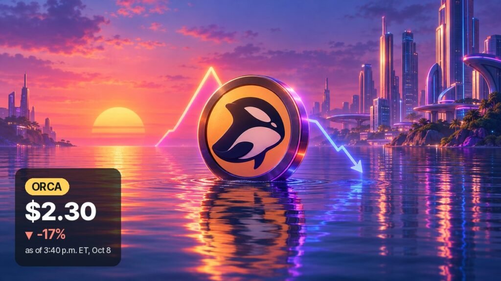 A coin with the Orca whale emblem stands in calm water at a neon sunset beside a glowing line that peaks and then drops.