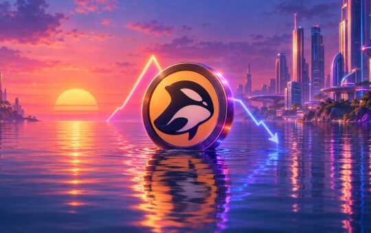 A coin with the Orca whale emblem stands in calm water at a neon sunset beside a glowing line that peaks and then drops.