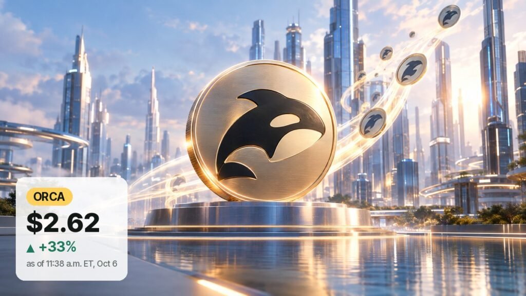 A large brushed-gold coin with the Orca whale emblem stands on a chrome plinth by calm water in a sunlit glass city, smaller Orca coins rising along a light trail beside it.
