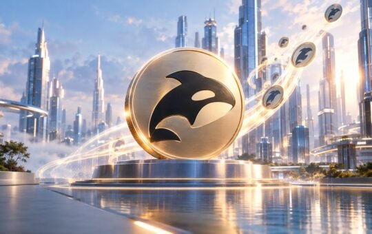A large brushed-gold coin with the Orca whale emblem stands on a chrome plinth by calm water in a sunlit glass city, smaller Orca coins rising along a light trail beside it.