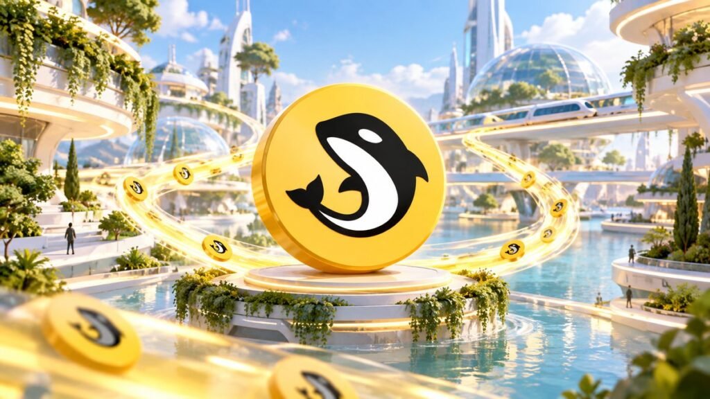 A large golden coin with a black and white orca whale stands on a white plinth in a sunlit garden city, as streams of light carry smaller whale coins toward it.