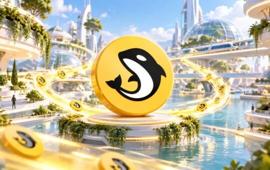 A large golden coin with a black and white orca whale stands on a white plinth in a sunlit garden city, as streams of light carry smaller whale coins toward it.