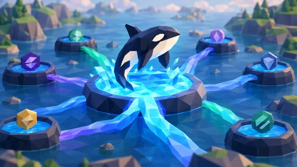 Low-poly illustration of an orca leaping from a glowing central pool as streams of water flow in from smaller pools around a calm island bay.