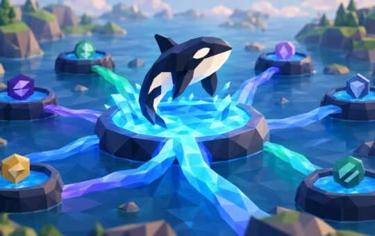 Low-poly illustration of an orca leaping from a glowing central pool as streams of water flow in from smaller pools around a calm island bay.