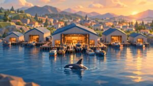 Low-poly harbor at sunset where the busiest of five market halls has the most cargo boats docked, with an orca surfacing in the calm bay in front of it.