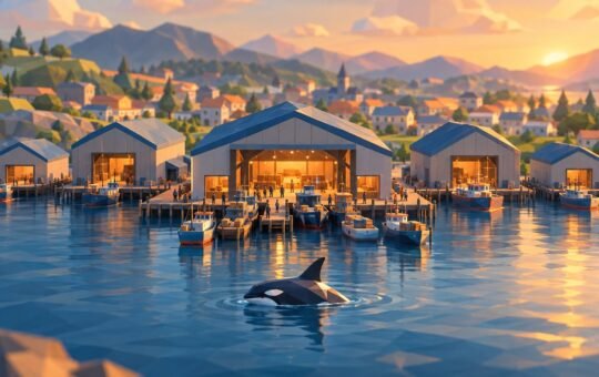 Low-poly harbor at sunset where the busiest of five market halls has the most cargo boats docked, with an orca surfacing in the calm bay in front of it.