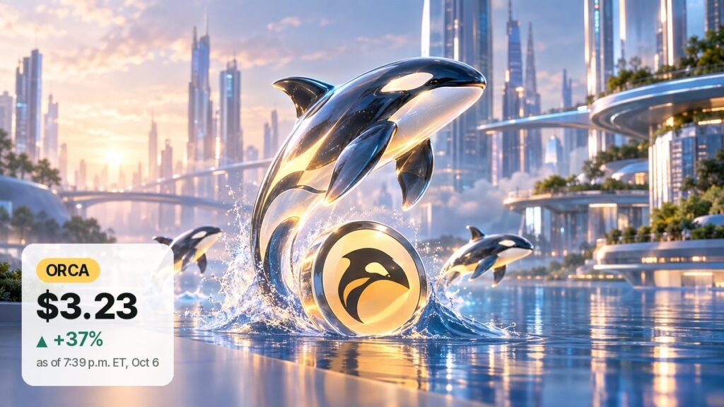 A chrome and glass orca leaps out of calm water beside a glowing coin with the Orca logo, with more orcas behind it in a sunlit future city.