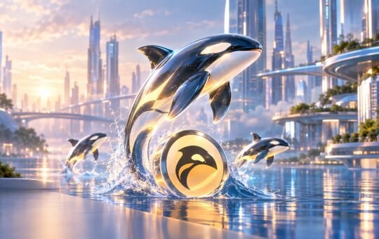 A chrome and glass orca leaps out of calm water beside a glowing coin with the Orca logo, with more orcas behind it in a sunlit future city.
