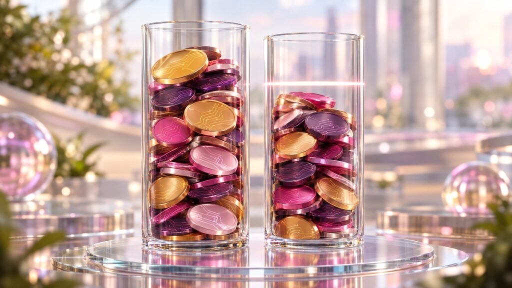 Two glass vessels filled with pink and gold coins, the left one filled slightly higher