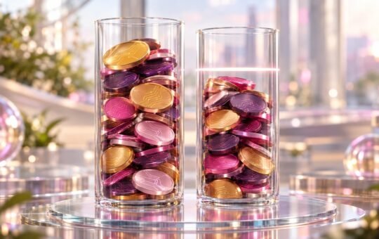 Two glass vessels filled with pink and gold coins, the left one filled slightly higher
