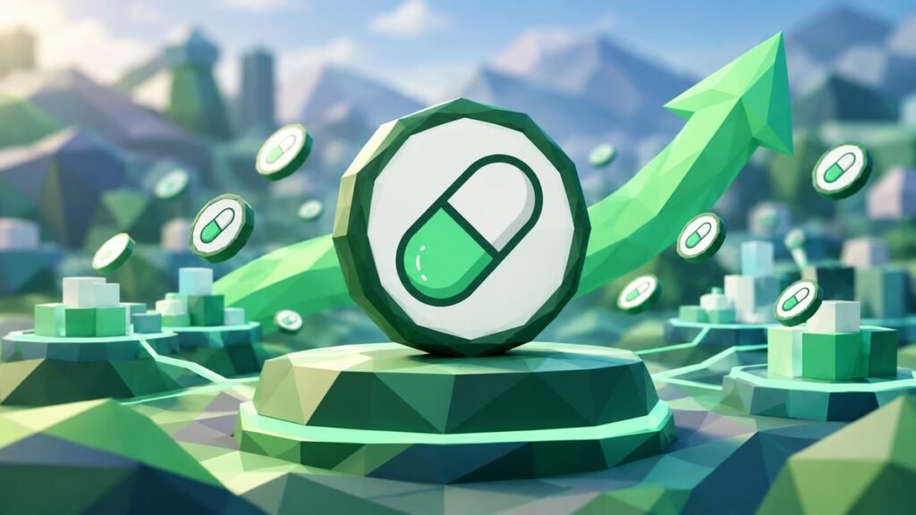 Low-poly illustration of a large Pump.fun capsule coin on a green pedestal, smaller capsule coins floating around it and a green arrow rising behind.