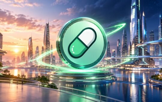 A glass coin bearing the Pump.fun capsule logo hovers on a glowing platform over water in a future city as sunset turns to night.