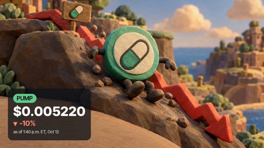 A green clay coin with a white pill emblem tumbles down a rocky clay slope beside a red zigzag arrow, with clay cliffs and the sea behind.