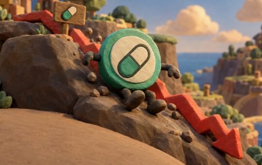 A green clay coin with a white pill emblem tumbles down a rocky clay slope beside a red zigzag arrow, with clay cliffs and the sea behind.