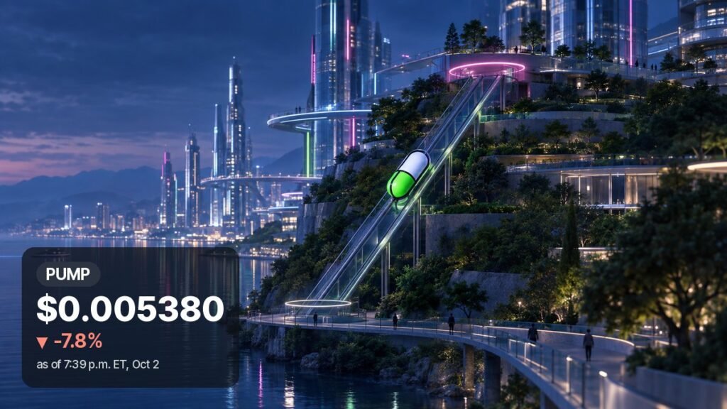 A green and white pill-shaped cabin slides down a glass funicular on a terraced hillside in a night-blue future city by the water.