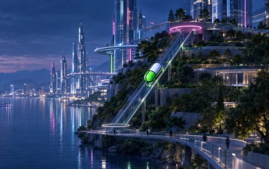 A green and white pill-shaped cabin slides down a glass funicular on a terraced hillside in a night-blue future city by the water.