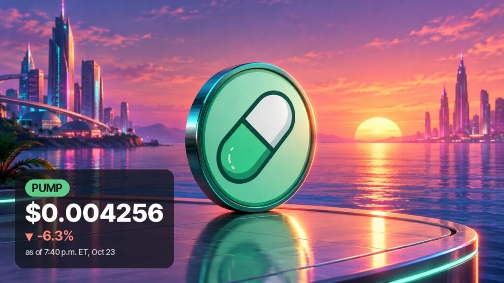 A mint-green coin with a green and white capsule emblem stands on a glossy waterfront terrace at sunset, with neon-lit towers across calm water.
