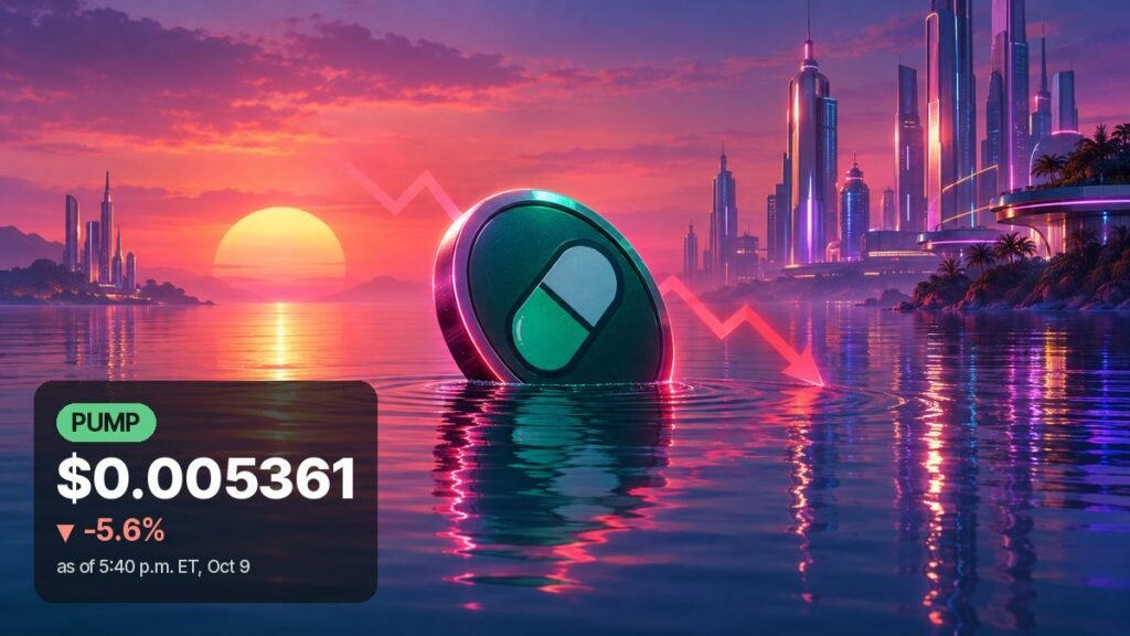 A dark green coin with a green-and-white pill emblem tilts as it sinks into calm water at a neon synthwave sunset, with chrome towers on the shore.