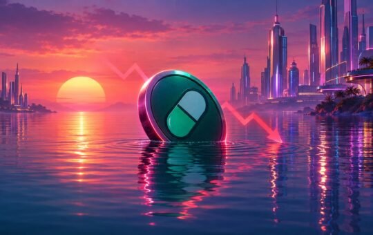 A dark green coin with a green-and-white pill emblem tilts as it sinks into calm water at a neon synthwave sunset, with chrome towers on the shore.